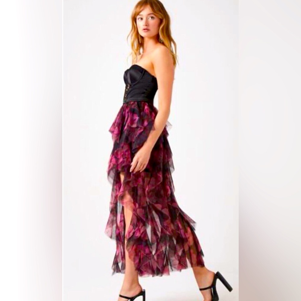 NWT THIRTY/THIRTY Sweetheart Corset Bustier Floral Ruffle Tiered HighLow Dress